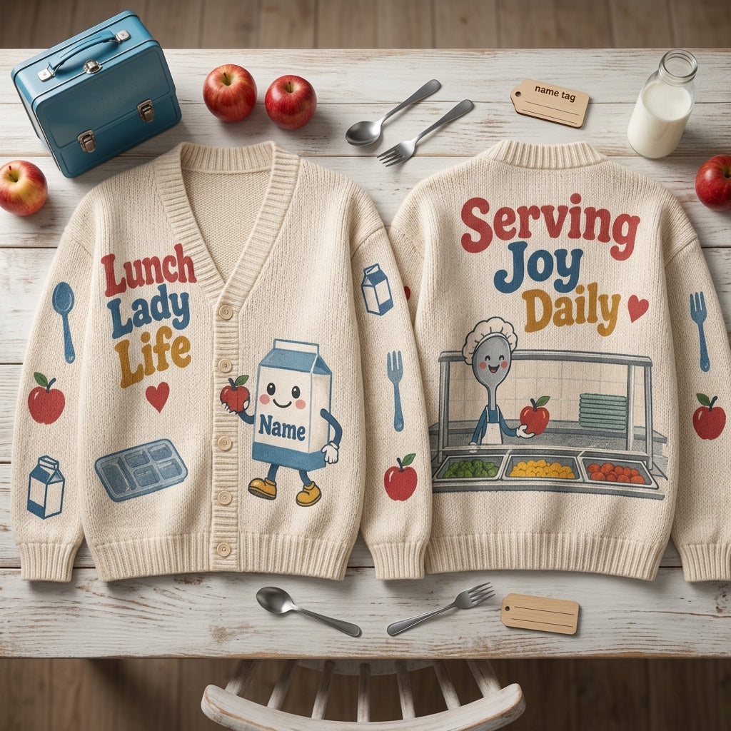 Personalized Lunch Lady Life Knitted Cardigan – School Cafeteria Staff Appreciation Gift - mockup 2