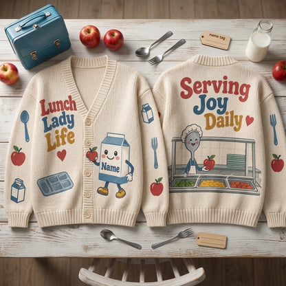 Personalized Lunch Lady Life Knitted Cardigan – School Cafeteria Staff Appreciation Gift - mockup 2