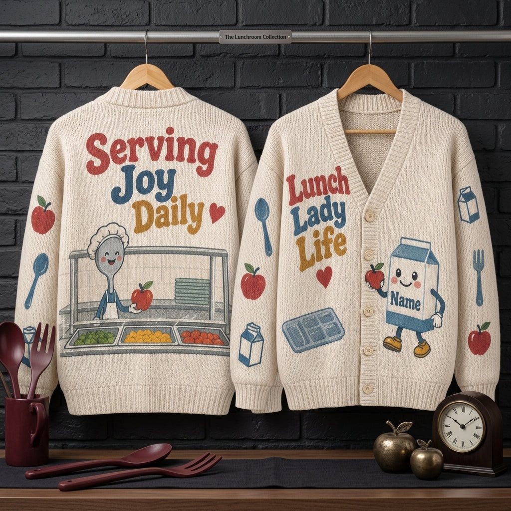 Personalized Lunch Lady Life Knitted Cardigan – School Cafeteria Staff Appreciation Gift - mockup 3