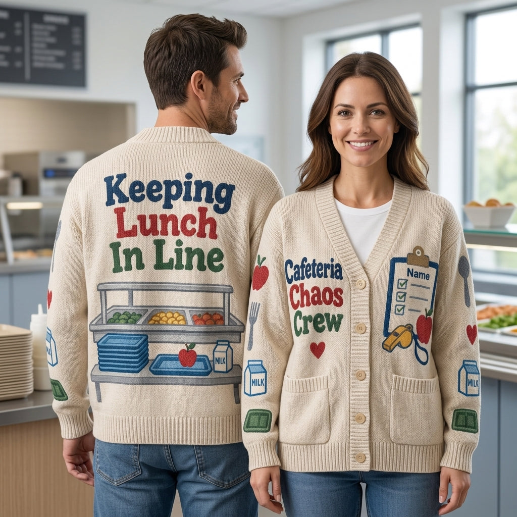Personalized Cafeteria Chaos Crew Knitted Cardigan - School Lunch Lady Gift - mockup 1