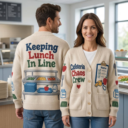 Personalized Cafeteria Chaos Crew Knitted Cardigan - School Lunch Lady Gift - mockup 1