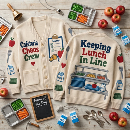 Personalized Cafeteria Chaos Crew Knitted Cardigan - School Lunch Lady Gift - mockup 2