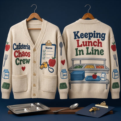 Personalized Cafeteria Chaos Crew Knitted Cardigan - School Lunch Lady Gift - mockup 3