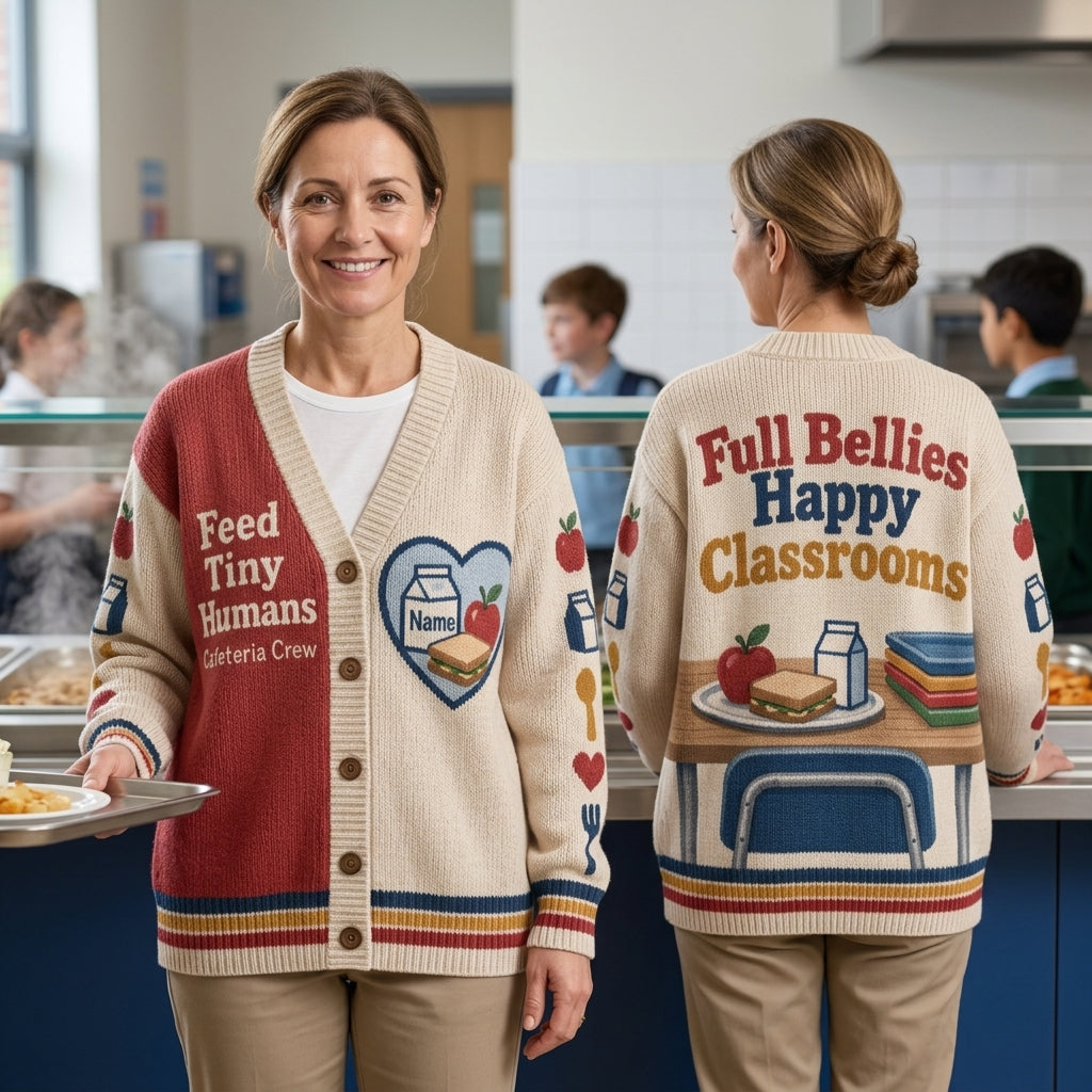 Personalized Feed Tiny Humans Cafeteria Crew Knitted Cardigan – School Lunch Lady Gift - mockup 1