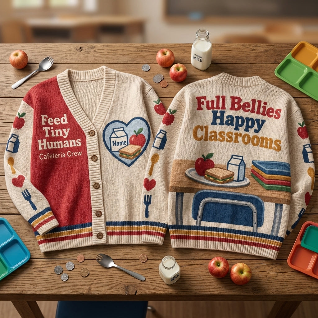 Personalized Feed Tiny Humans Cafeteria Crew Knitted Cardigan – School Lunch Lady Gift - mockup 2