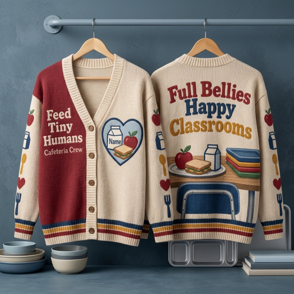Personalized Feed Tiny Humans Cafeteria Crew Knitted Cardigan – School Lunch Lady Gift - mockup 3