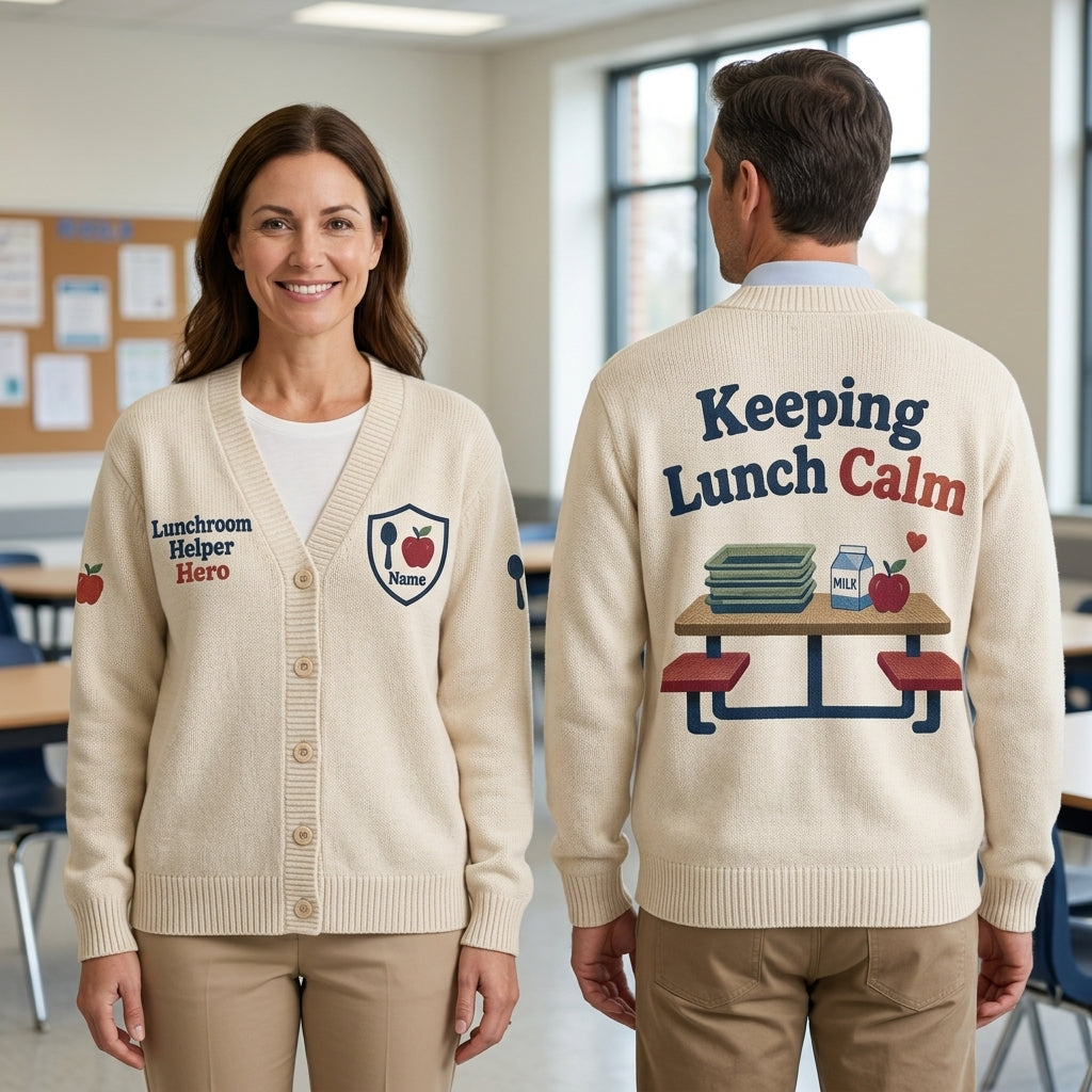 Custom Lunchroom Helper Hero Knitted Cardigan – Cafeteria Monitor Gift - mockup 1