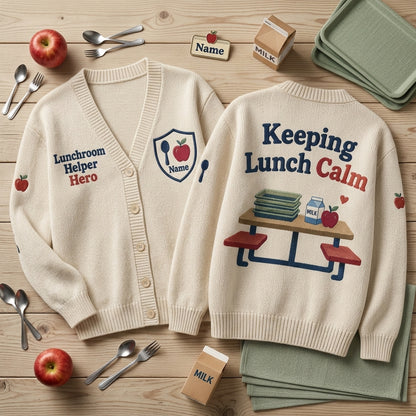Custom Lunchroom Helper Hero Knitted Cardigan – Cafeteria Monitor Gift - mockup 2