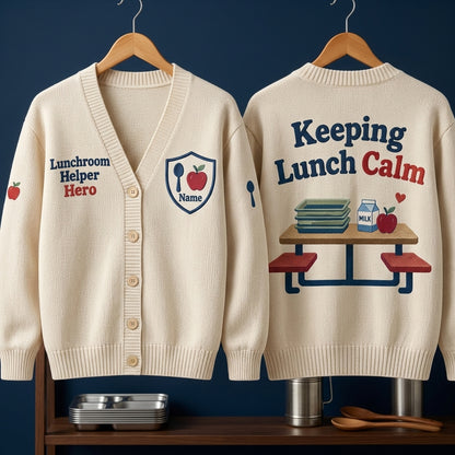 Custom Lunchroom Helper Hero Knitted Cardigan – Cafeteria Monitor Gift - mockup 3
