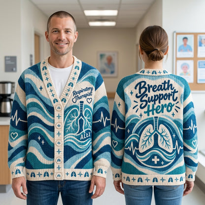 Personalized Respiratory Therapist Breath Support Hero Knitted Cardigan - mockup 1