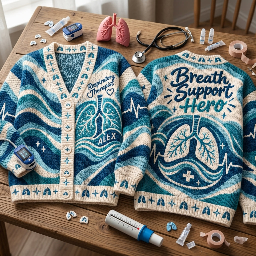 Personalized Respiratory Therapist Breath Support Hero Knitted Cardigan - mockup 2
