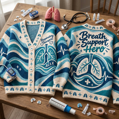 Personalized Respiratory Therapist Breath Support Hero Knitted Cardigan - mockup 2