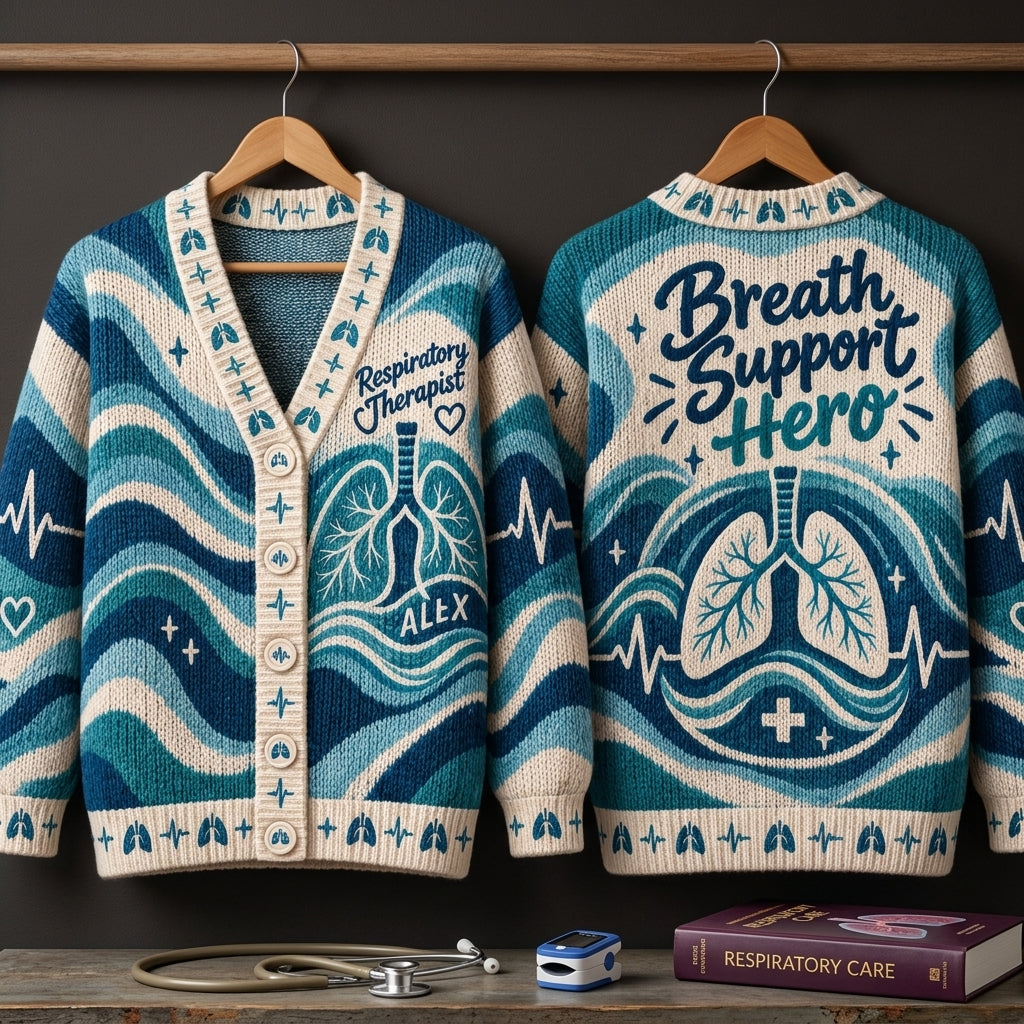 Personalized Respiratory Therapist Breath Support Hero Knitted Cardigan - mockup 3