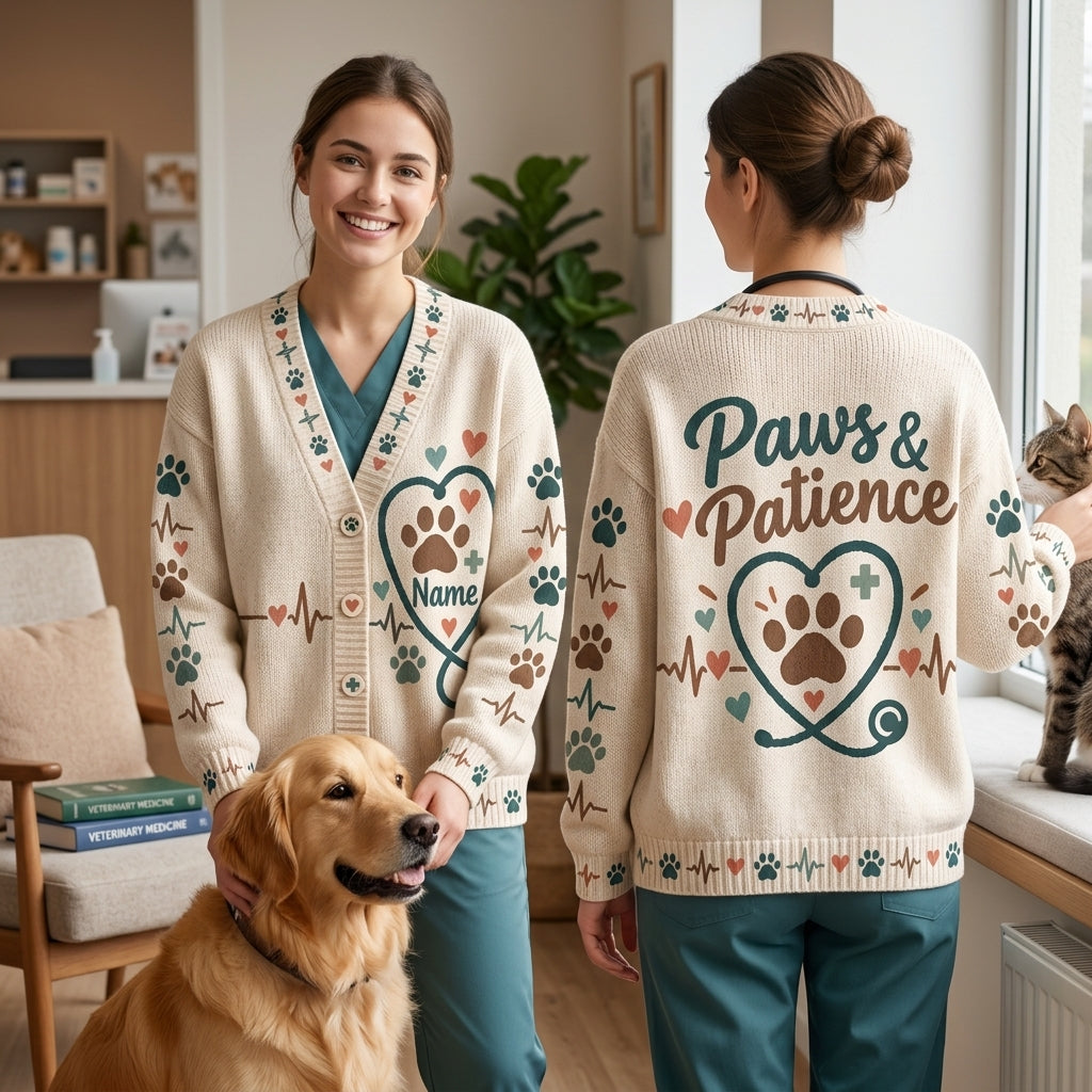 Personalized Veterinary Technician Paws & Patience Knitted Cardigan – Vet Tech Gift - mockup 1