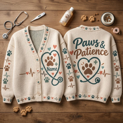 Personalized Veterinary Technician Paws & Patience Knitted Cardigan – Vet Tech Gift - mockup 2