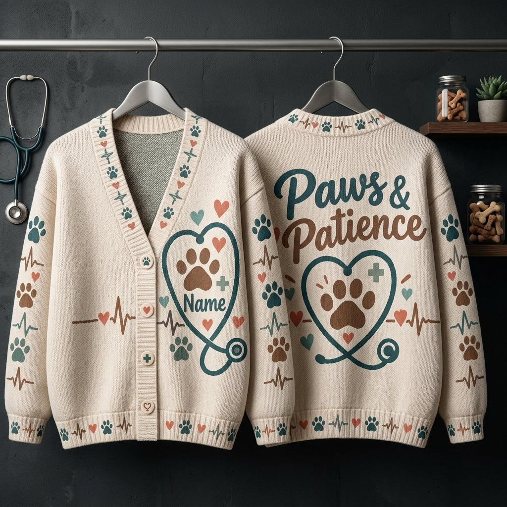 Personalized Veterinary Technician Paws & Patience Knitted Cardigan – Vet Tech Gift - mockup 3