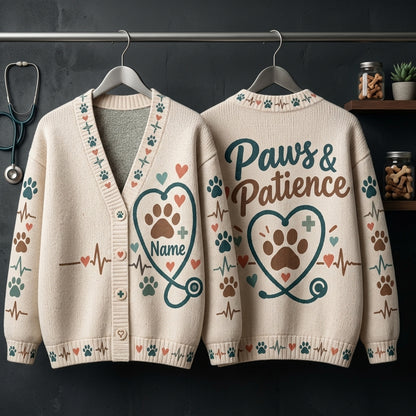Personalized Veterinary Technician Paws & Patience Knitted Cardigan – Vet Tech Gift - mockup 3
