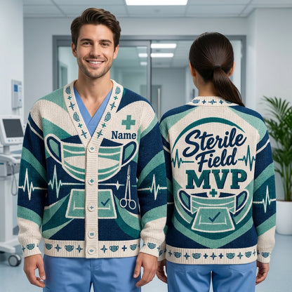 Personalized Surgical Technologist Sterile Field MVP Knitted Cardigan – Scrub Tech Gift - mockup 1