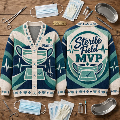 Personalized Surgical Technologist Sterile Field MVP Knitted Cardigan – Scrub Tech Gift - mockup 2