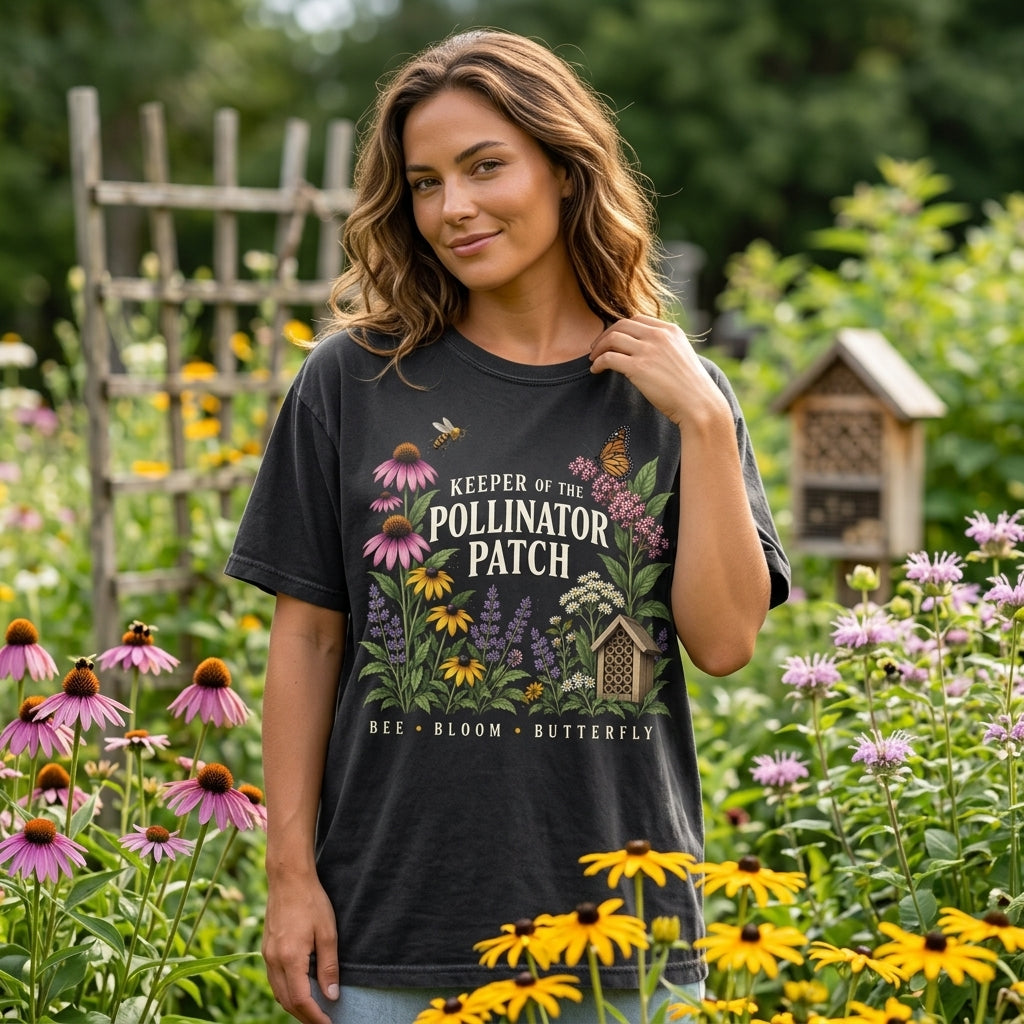 Keeper of the Pollinator Patch T-Shirt Sweatshirt Hoodie - Bee & Butterfly Garden Gift - mockup 1