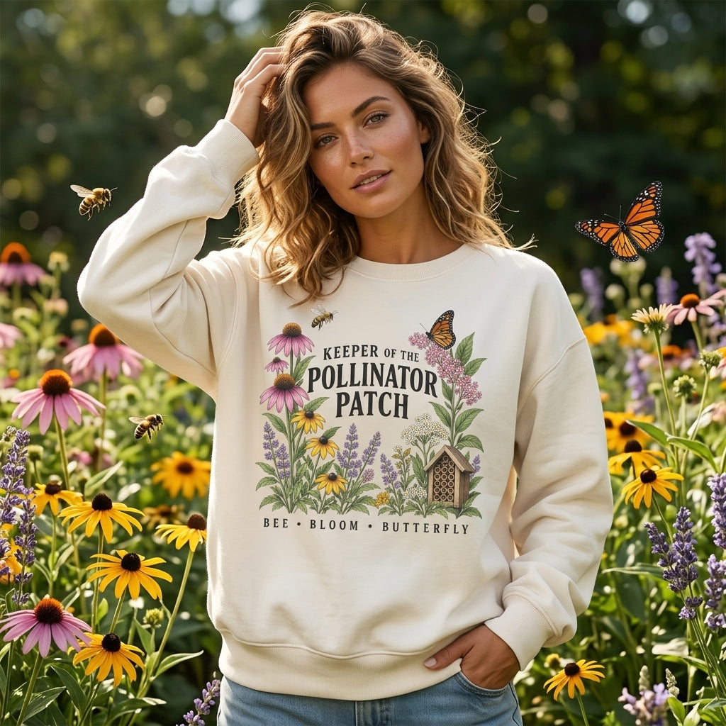 Keeper of the Pollinator Patch T-Shirt Sweatshirt Hoodie - Bee & Butterfly Garden Gift - mockup 2