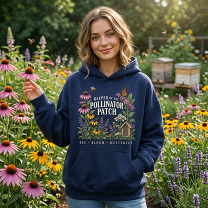 Keeper of the Pollinator Patch T-Shirt Sweatshirt Hoodie - Bee & Butterfly Garden Gift - mockup 3