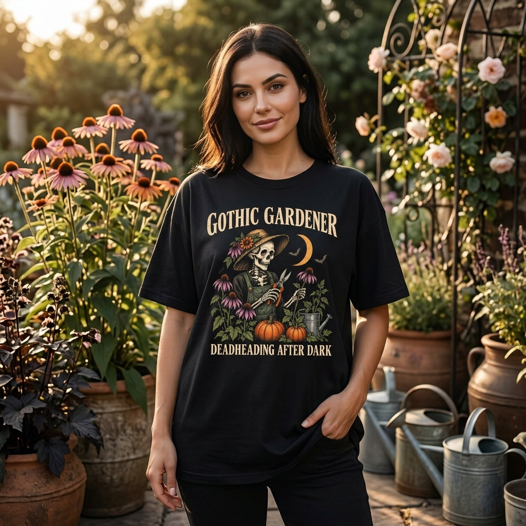 Gothic Gardener Skeleton T-shirt Sweatshirt Hoodie – Deadheading After Dark Halloween Gift - mockup 1