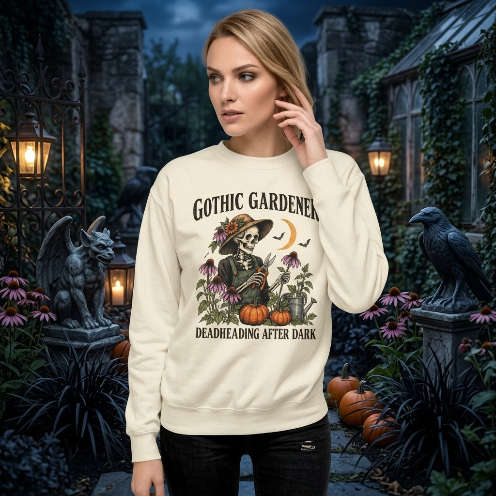 Gothic Gardener Skeleton T-shirt Sweatshirt Hoodie – Deadheading After Dark Halloween Gift - mockup 2