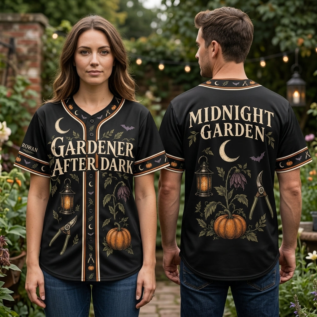 Personalized Gothic Halloween Gardener Baseball Jersey - Midnight Garden Spooky Apparel - mockup 1