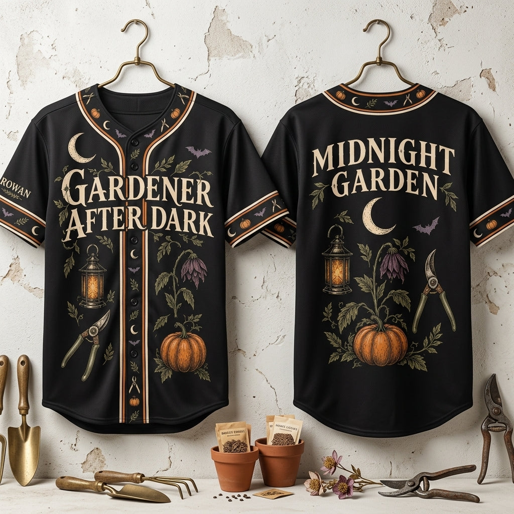 Personalized Gothic Halloween Gardener Baseball Jersey - Midnight Garden Spooky Apparel - mockup 3