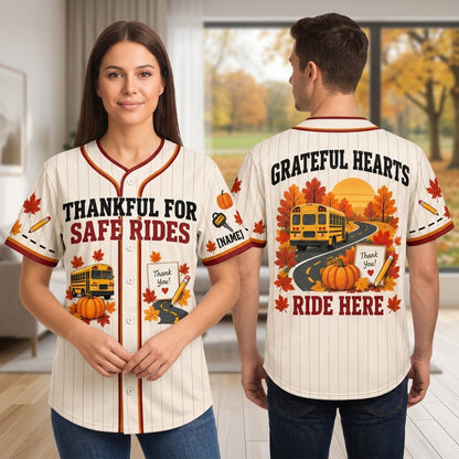 Custom Thanksgiving School Bus Driver Baseball Jersey - Thankful For Safe Rides Apparel - mockup 1