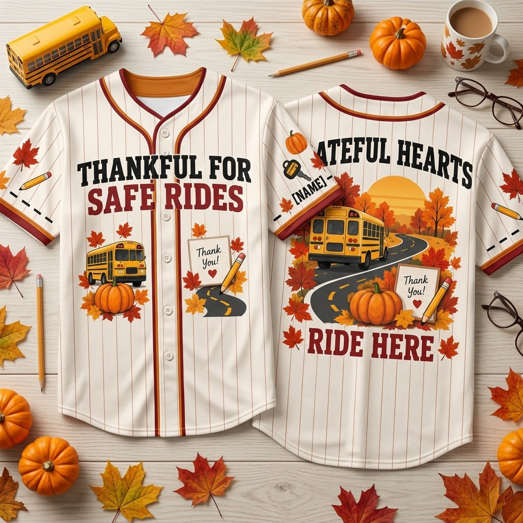 Custom Thanksgiving School Bus Driver Baseball Jersey - Thankful For Safe Rides Apparel - mockup 2