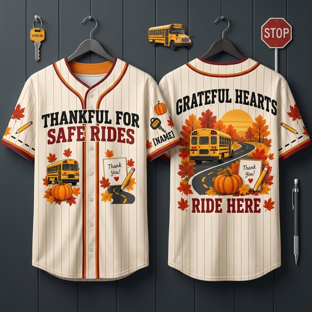 Custom Thanksgiving School Bus Driver Baseball Jersey - Thankful For Safe Rides Apparel - mockup 3