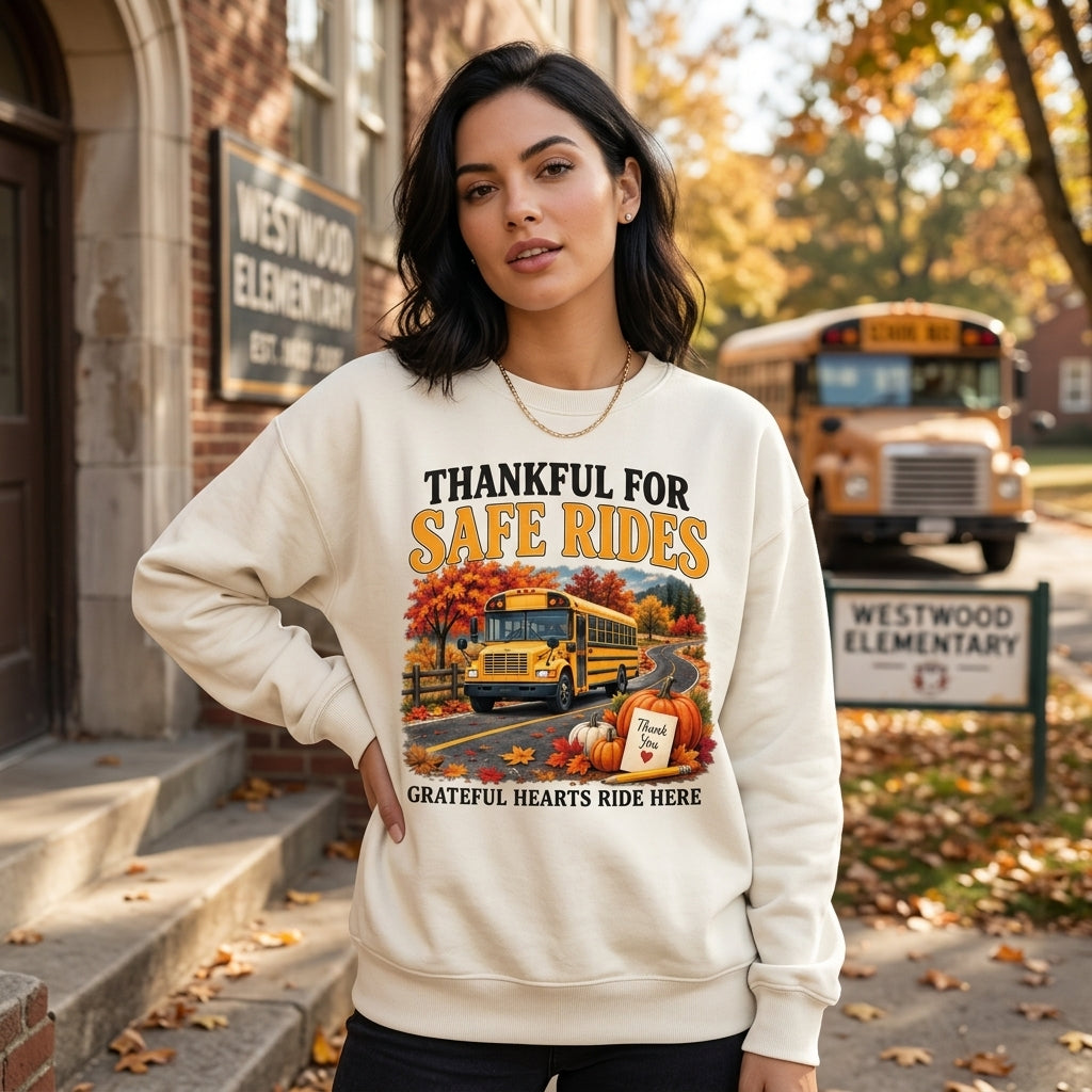 Thankful For Safe Rides Thanksgiving School Bus Driver T-shirt Sweatshirt Hoodie - mockup 2