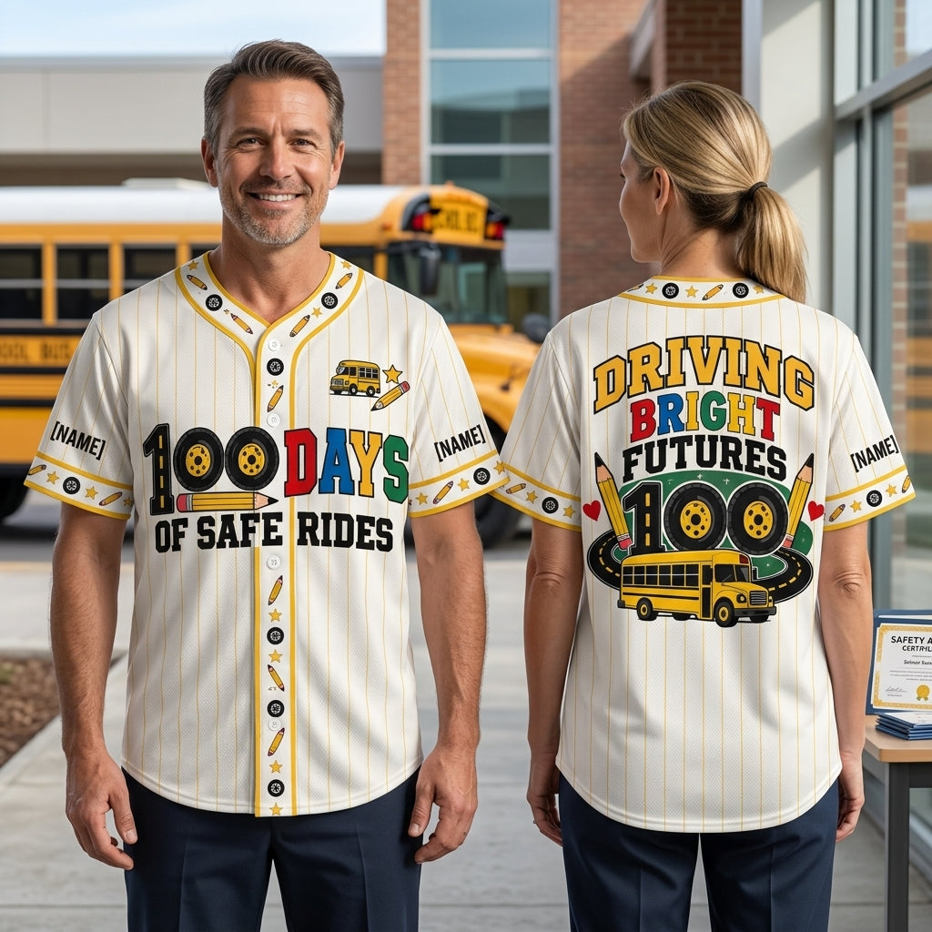 Custom 100 Days School Bus Driver Baseball Jersey – Driving Bright Futures Gift - mockup 1