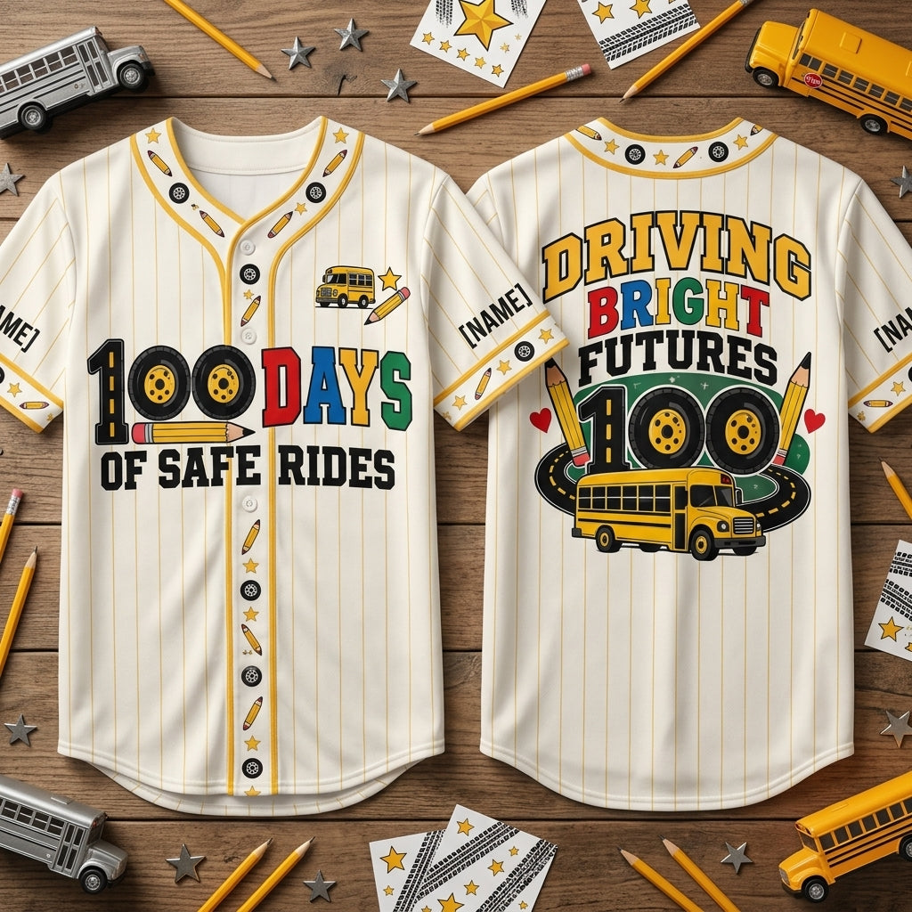 Custom 100 Days School Bus Driver Baseball Jersey – Driving Bright Futures Gift - mockup 2