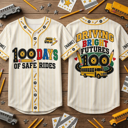 Custom 100 Days School Bus Driver Baseball Jersey – Driving Bright Futures Gift - mockup 2
