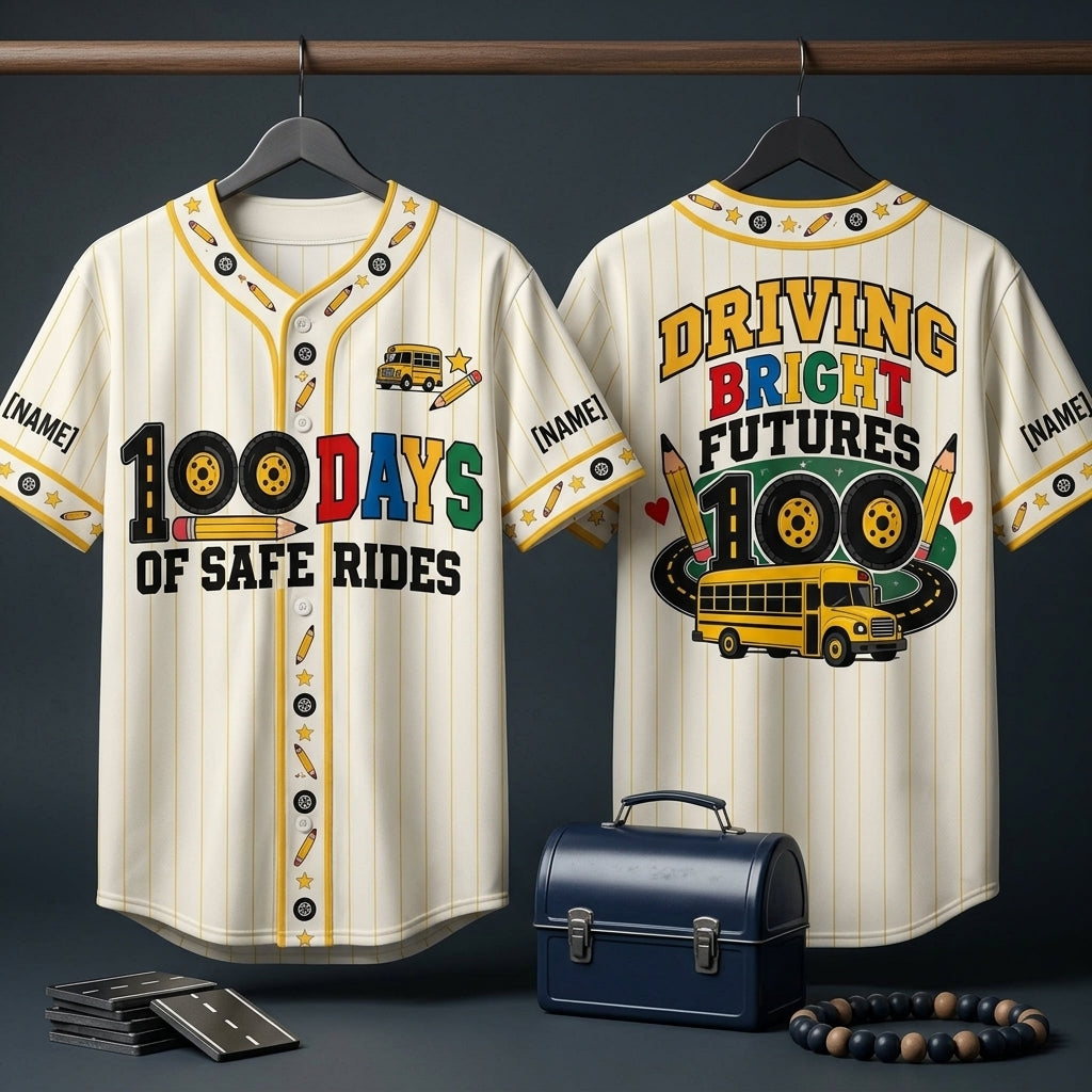 Custom 100 Days School Bus Driver Baseball Jersey – Driving Bright Futures Gift - mockup 3