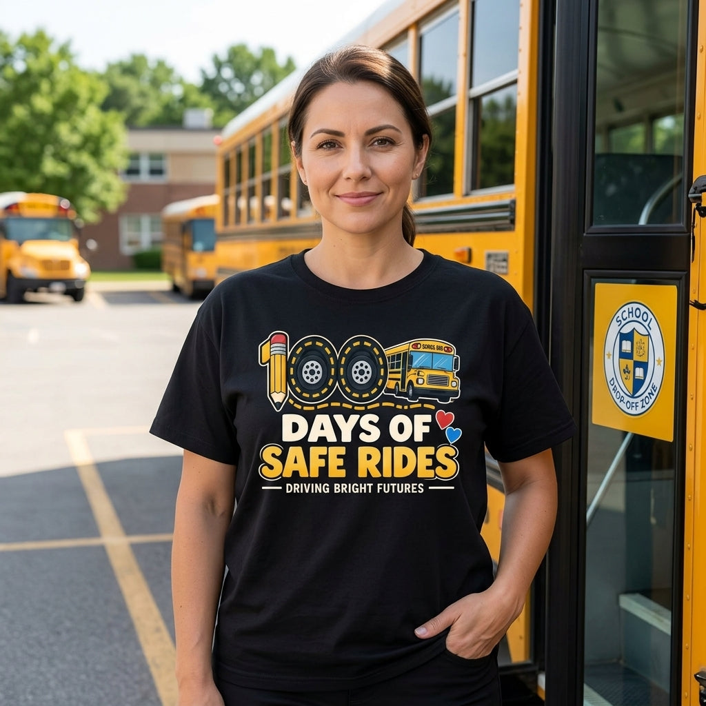 100 Days of Safe Rides School Bus Driver T-shirt Sweatshirt Hoodie - mockup 1