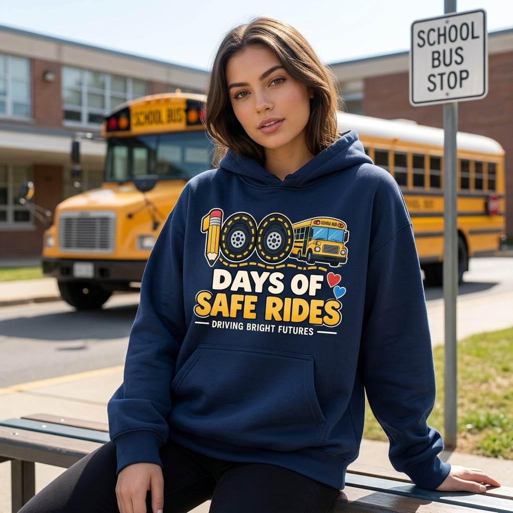 100 Days of Safe Rides School Bus Driver T-shirt Sweatshirt Hoodie - mockup 3