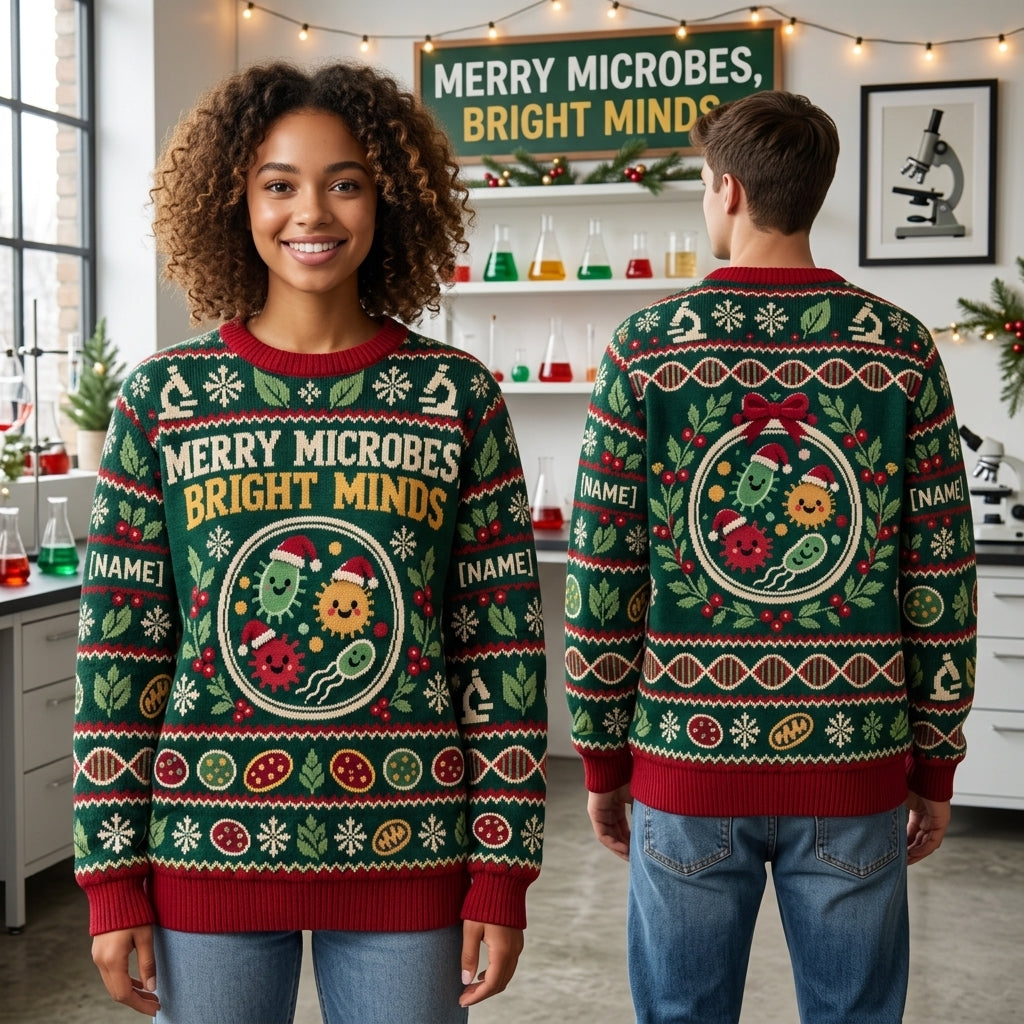 Personalized Biology Teacher Merry Microbes Ugly Sweater – Science Gift - mockup 1