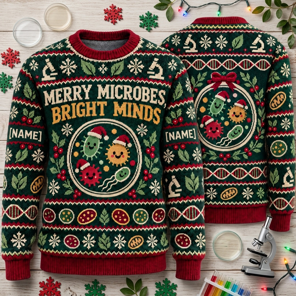 Personalized Biology Teacher Merry Microbes Ugly Sweater – Science Gift - mockup 2