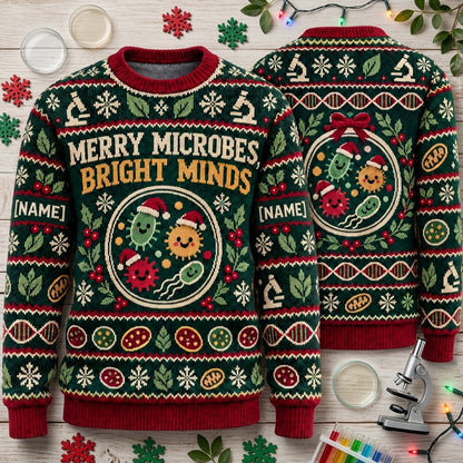 Personalized Biology Teacher Merry Microbes Ugly Sweater – Science Gift - mockup 2