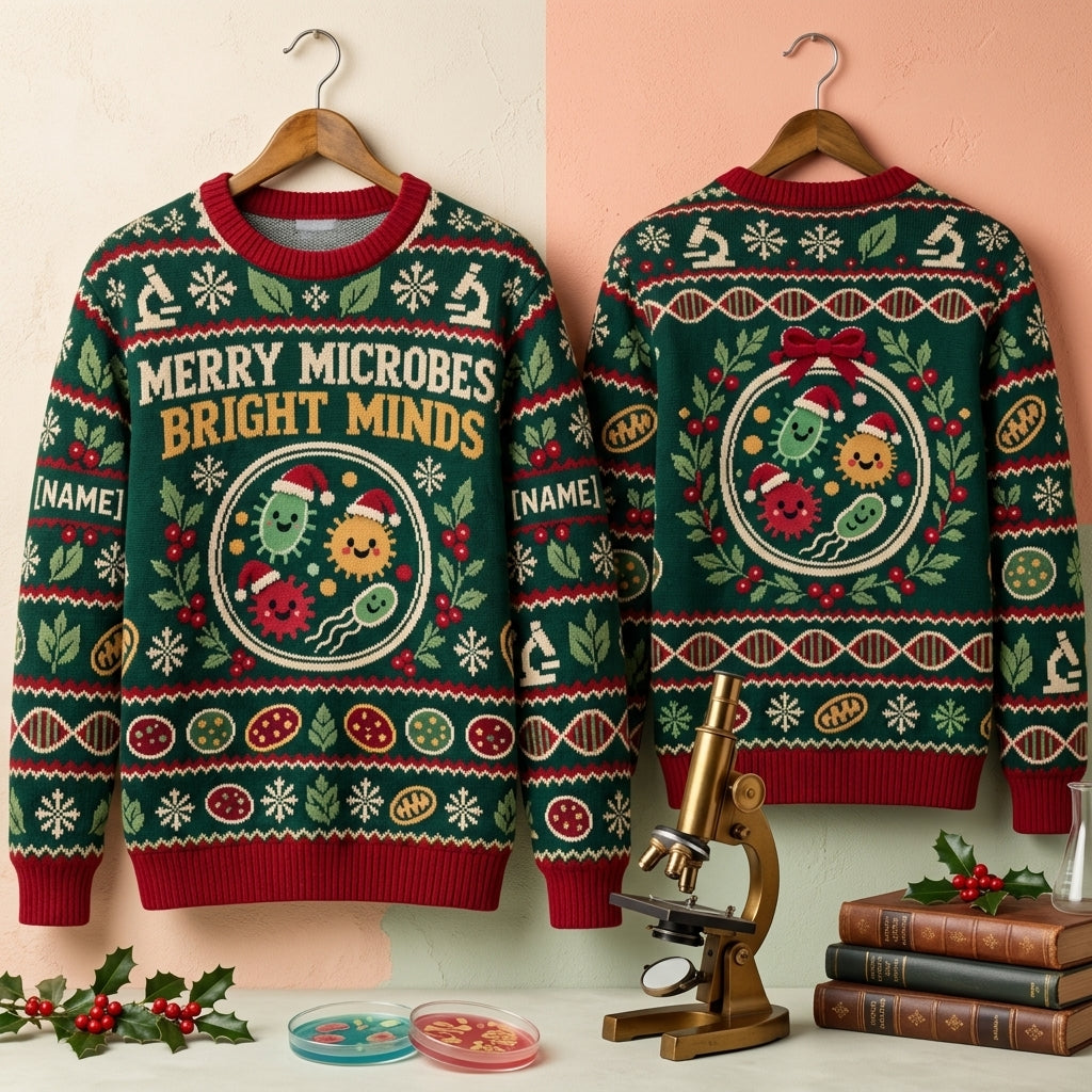 Personalized Biology Teacher Merry Microbes Ugly Sweater – Science Gift - mockup 3