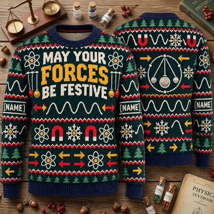 Personalized Physics Teacher Festive Forces Ugly Sweater – Science Holiday Gift - mockup 2