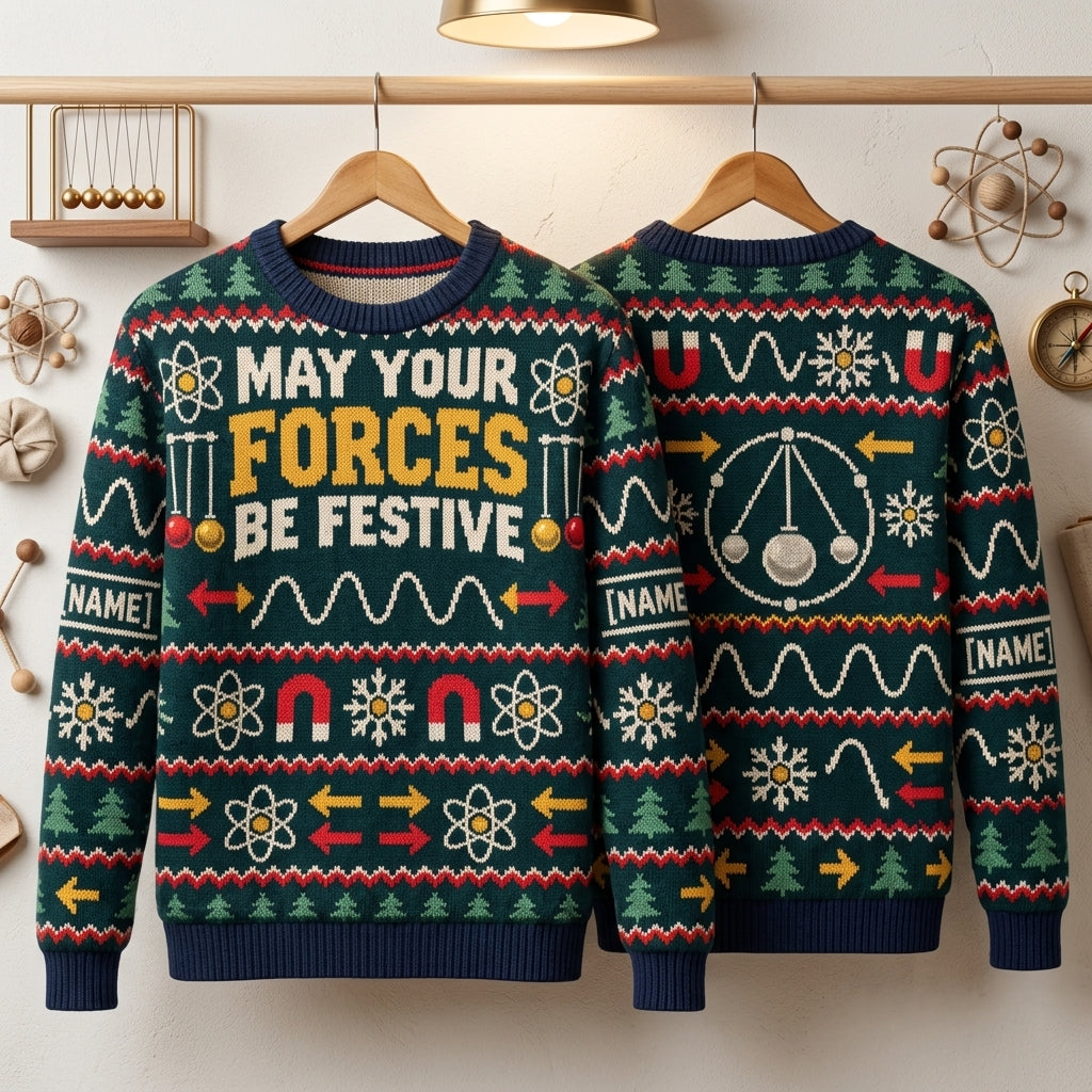 Personalized Physics Teacher Festive Forces Ugly Sweater – Science Holiday Gift - mockup 3