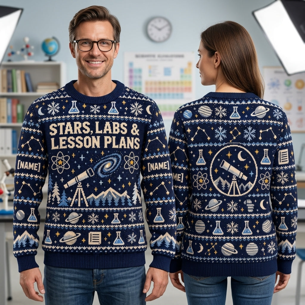 Custom Astronomy Teacher Winter Science Ugly Sweater - Stars, Labs & Lesson Plans - mockup 1