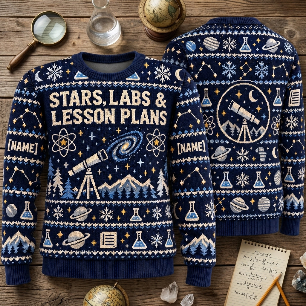Custom Astronomy Teacher Winter Science Ugly Sweater - Stars, Labs & Lesson Plans - mockup 2