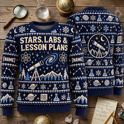 Custom Astronomy Teacher Winter Science Ugly Sweater - Stars, Labs & Lesson Plans - mockup 2