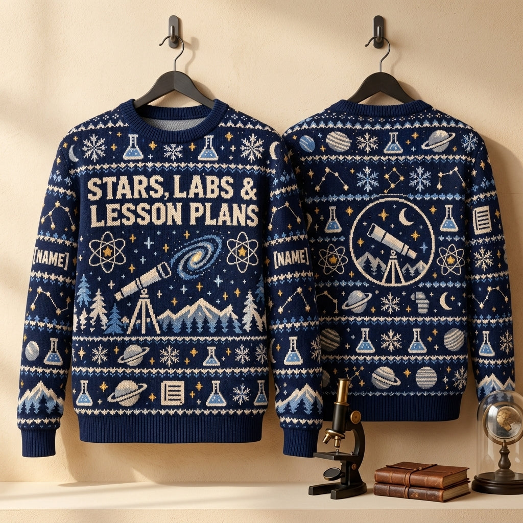 Custom Astronomy Teacher Winter Science Ugly Sweater - Stars, Labs & Lesson Plans - mockup 3